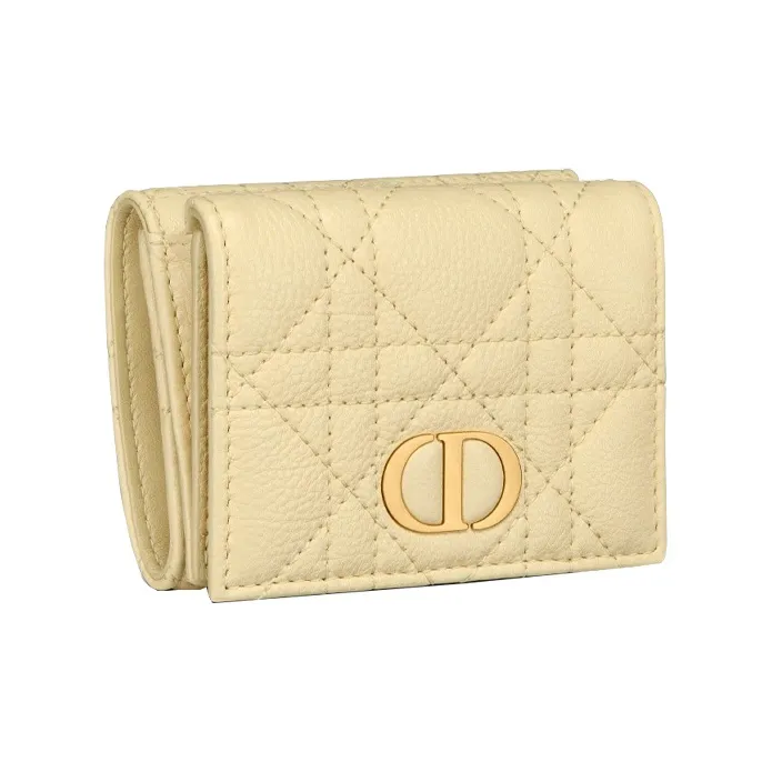 DIOR Caro Calfskin Coin Purse Card Holder Clutch Wallet Women's Custard-1