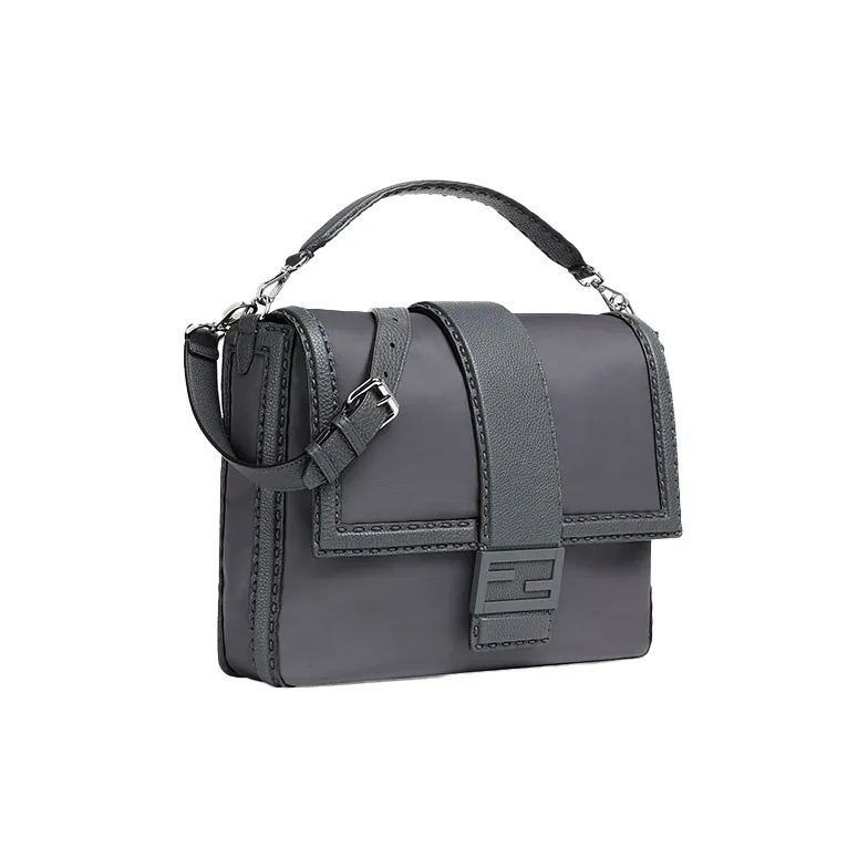 FENDI Baguette ECONYL® Recycled Nylon Courier Bag One Shoulder Handbag Crossbody Bag Large Size Men's Gray-1