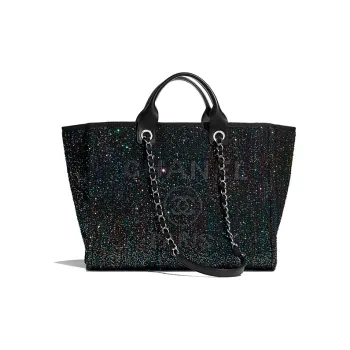 CHANEL Viscose Calfskin Sequins And Silver Metal Tote Bag, Shopping Bag, Handbag Tubas Women's Black