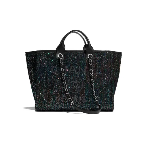 CHANEL Viscose Calfskin Sequins And Silver Metal Tote Bag Shopping Bag Handbag Large Size Women's Black