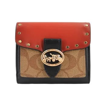 COACH Georgie Monogram Canvas With Leather Clutch Coin Purse Wallet Women's Brown, Red, Black, Multicolor