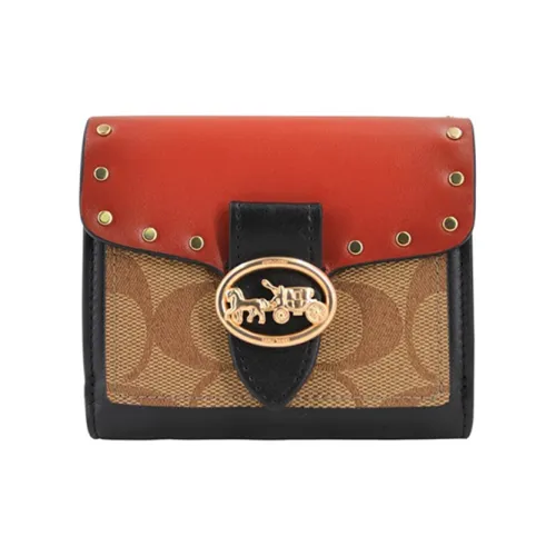 COACH Georgie Monogram Canvas With Leather Clutch Coin Purse Wallet Women's Brown, Red, Black, Multicolor