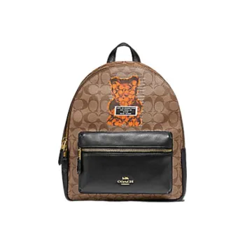 COACH Charlie With Leather Gummies Cartoon Bear Print Leather Zippers Casual Backpack Women's Brown