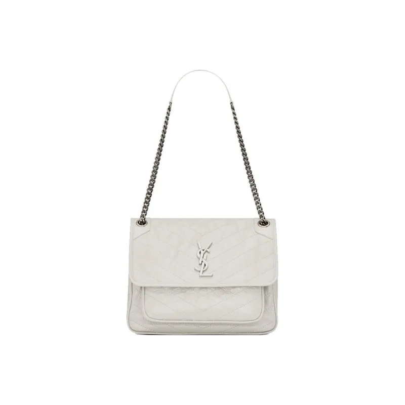 SAINT LAURENT Leather Hobo Bag, Crossbody Bag, Shoulder Bag Women's Vintage White-0