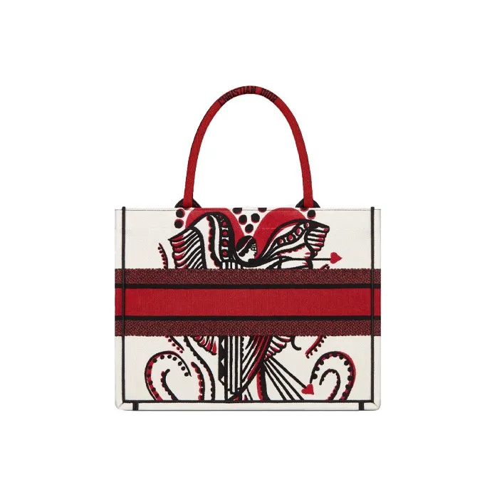 DIOR BookTote Embroidered Print Tote Bag Shopping Bag Handbag Small Size Women's Red/White-2