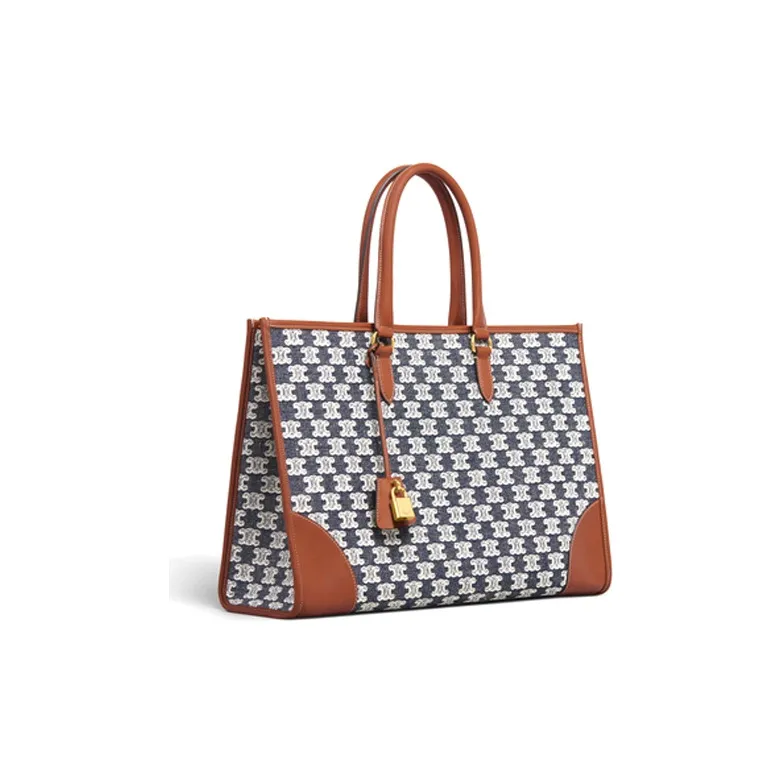 CELINE Cow Leather Textile Tote Bag Shopping Bag Handbag Shoulder Bag Unisex Marine Blue-1