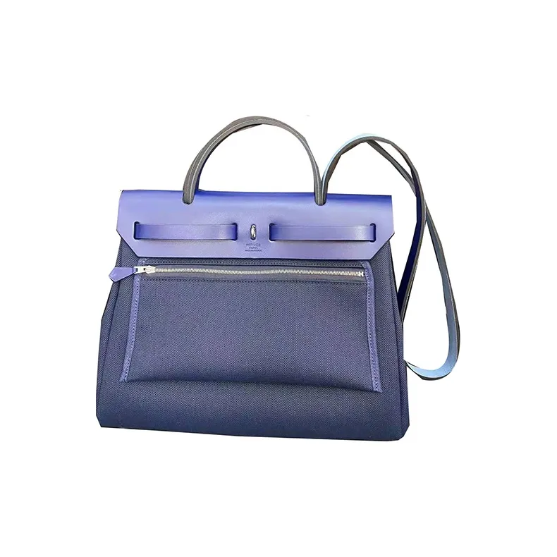 HERMES Herbag Reversible Canvas With Cow Leather Handbag Shoulder Bag Crossbody Bag Unisex Marine Blue Sapphire Blue-2