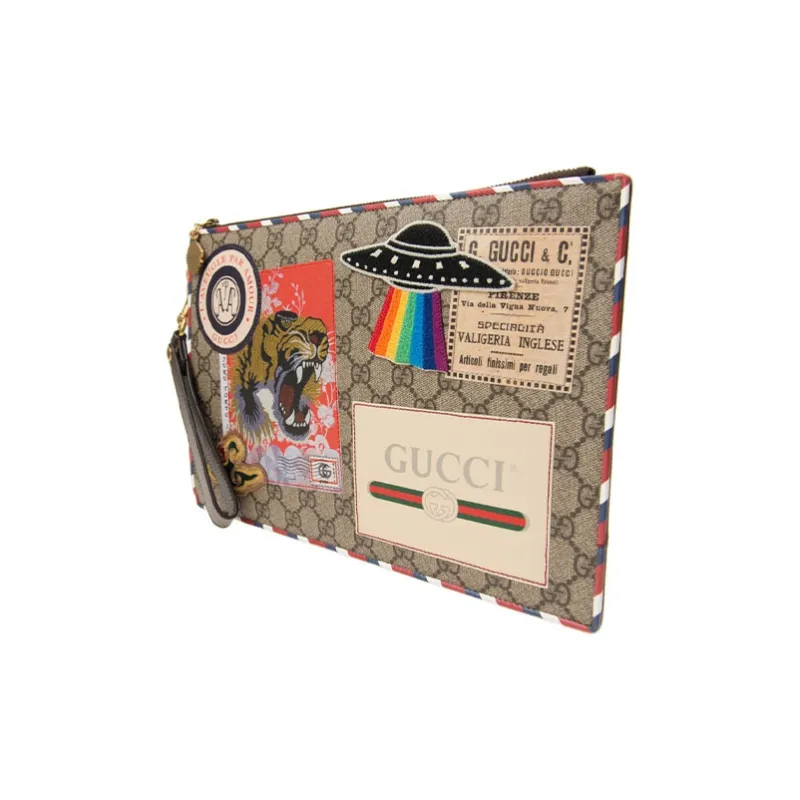 GUCCI Canvas With Leather Clutch Men's Beige/Ebony-1