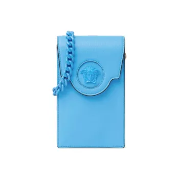VERSACE Cow Leather Portable One Shoulder Crossbody Cell Phone Pouch Women's Blue