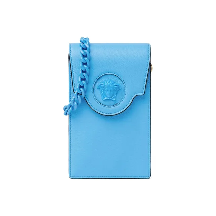 VERSACE Cow Leather Portable One Shoulder Crossbody Cell Phone Pouch Women's Blue-0