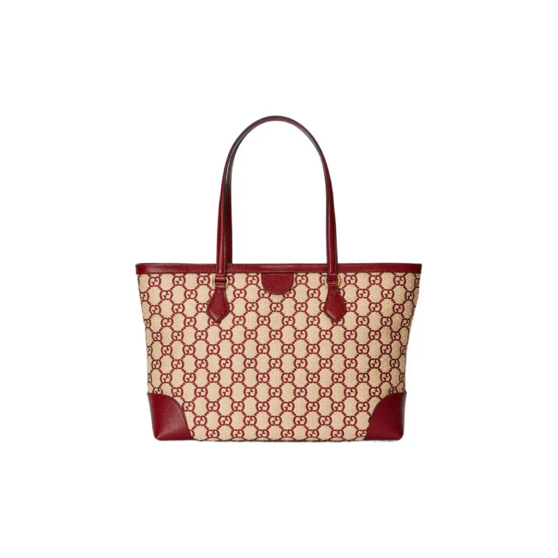 GUCCI Ophidia Denim With Leather Tote Bag Shopping Bag Handbag Shoulder Bag Medium Size Women's Burgundy/Beige Yellow-3