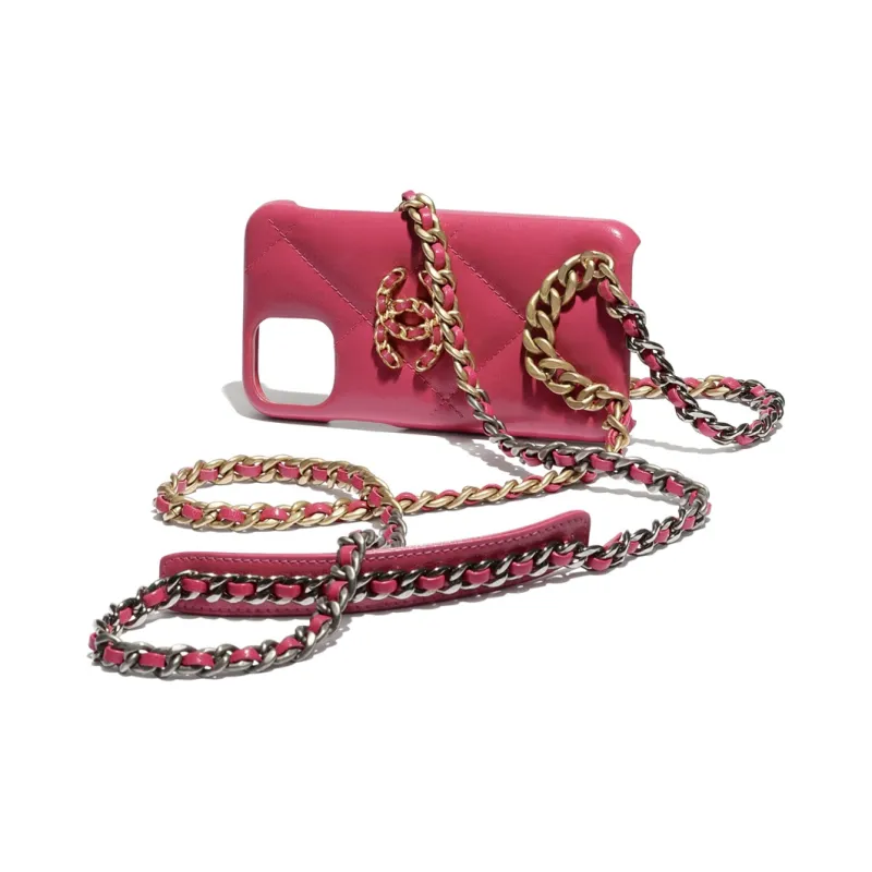 CHANEL Shiny Sheepskin & Metal IPhone 11 Pro Chain Cell Phone Pouch, Crossbody Bag Women's Pink-2