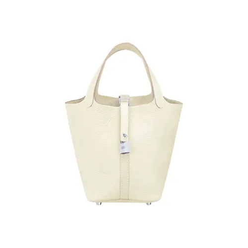 HERMES Taurillon Clemence Leather Bucket Bag Basket Bag Handbag 18 Women's Cream White