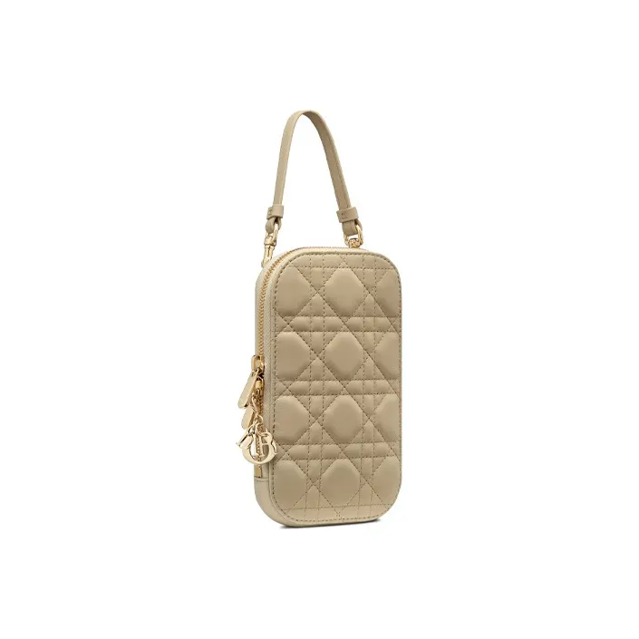 DIOR Lady Dior Sheepskin One Shoulder Crossbody Cell Phone Pouch Women's Beige-3