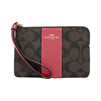 COACH Corner Zip Canvas With Leather Card Holder Small Size Women's Strawberry Red/Khaki
