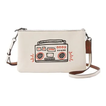 COACH Keith Haring Collaboration Lyla Glossy Pebbled Leather Crossbody Clutch Medium Size Women's White