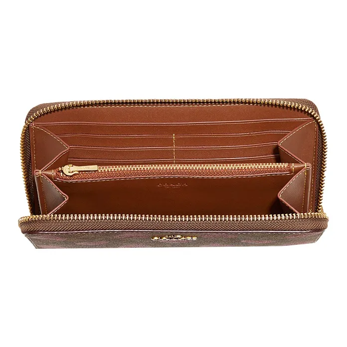 COACH Accordion Zip Canvas With Leather Trunk Bag Wallet Medium Size Women's Brown/Red-1