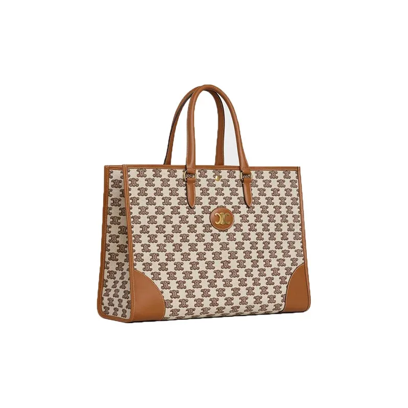 CELINE Triomphe Cow Leather With Fabric Tote Bag Shopping Bag Handbag Women's Brown-1