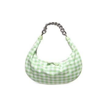 Staud Cow Leather Shoulder Bag Women's Green White Plaid