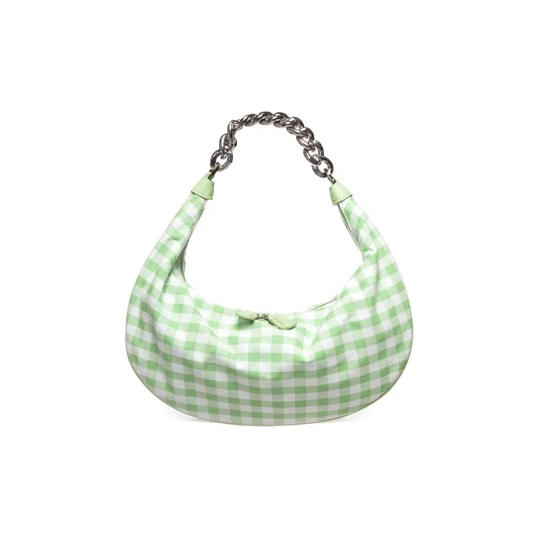 Staud Cow Leather Shoulder Bag Women's Green White Plaid-0
