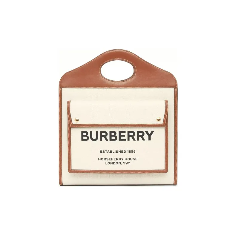 Burberry Medium Two Tone Canvas And Leather Pocket Bag Natural/Malt Brown-0