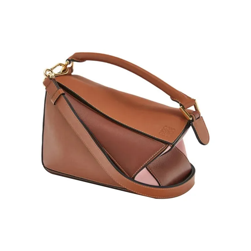LOEWE Puzzle Calfskin Puzzle Bag Geometric Bag Shoulder Bag Crossbody Bag Handbag Small Size Women's Tan/Pink-4