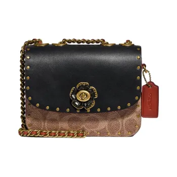COACH Madison Coated Canvas With Calfskin Small Square Bag Shoulder Bag, Crossbody Bag Mini Women's Black & Monogram