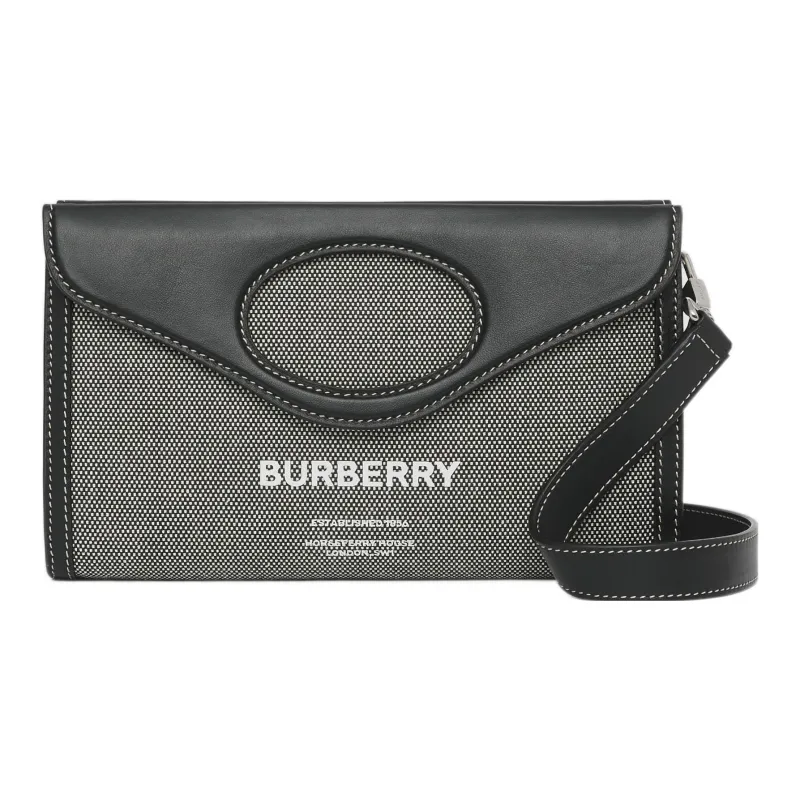 Burberry Horseferry Calfskin With Cotton Tote Bag Shopping Bag Shoulder Bag Crossbody Bag Handbag Men's Black/Gray-0