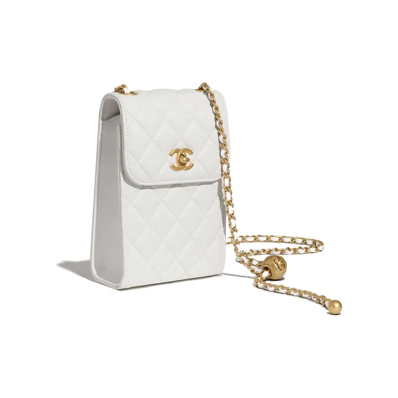 CHANEL Little Golden Ball Lambskin Chain Bag Cell Phone Pouch Women's White-2