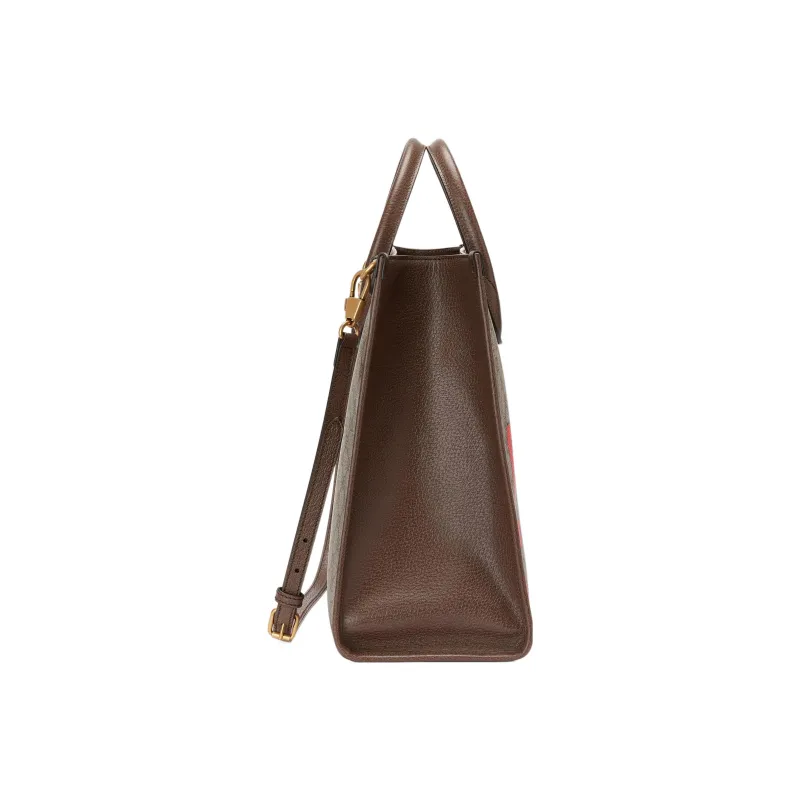 GUCCI Canvas With Leather Tote Bag Shopping Bag Shoulder Bag Crossbody Bag Handbag Unisex Ebony & Red-3