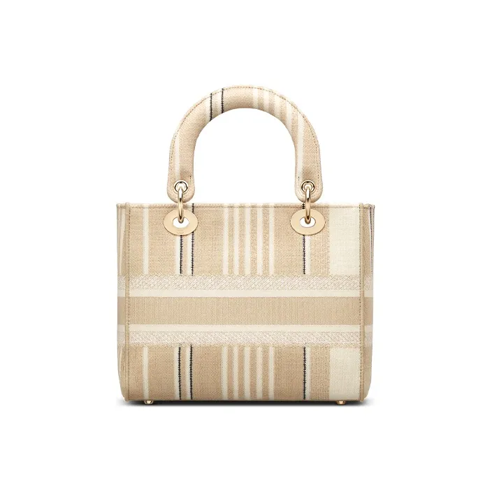 DIOR Lady Dior Striped Embroidered One Shoulder Handbags Medium Size Women's Beige-2