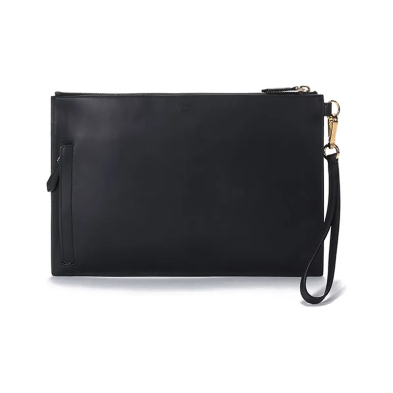 FENDI Calfskin Wristband Clutch Men's Black & Gold-3