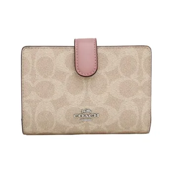 COACH Corner Zip Canvas With Leather Coin Purse Clutch Wallet Regular Women's Light Khaki With Pink Accents