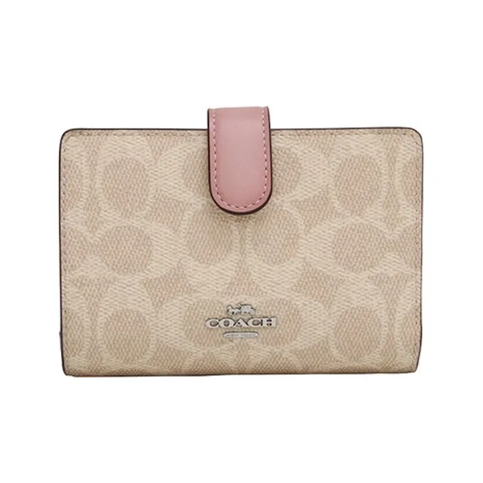 COACH Corner Zip Canvas With Leather Coin Purse Clutch Wallet Regular Women's Light Khaki With Pink Accents-0