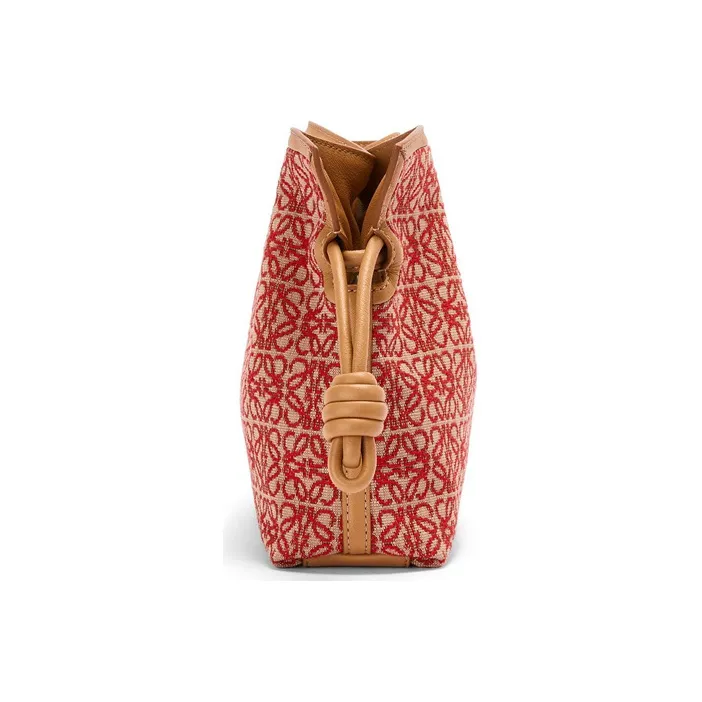 LOEWE Flamenco Jacquard Fabric With Calfskin Drawstring Bag Clutch Mini Women's Red/Desert Brown-2