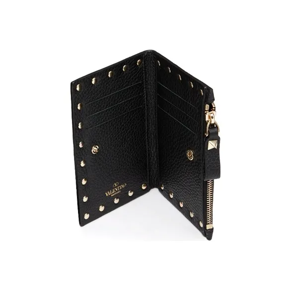 Valentino Rockstud Grained Calfskin Coin Card Holder Women's Black-1