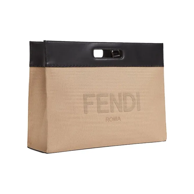 FENDI Canvas With Leather Canvas Bag Tote Bag Shopping Bag Shoulder Bag Handbag Regular Unisex Beige/Black-2