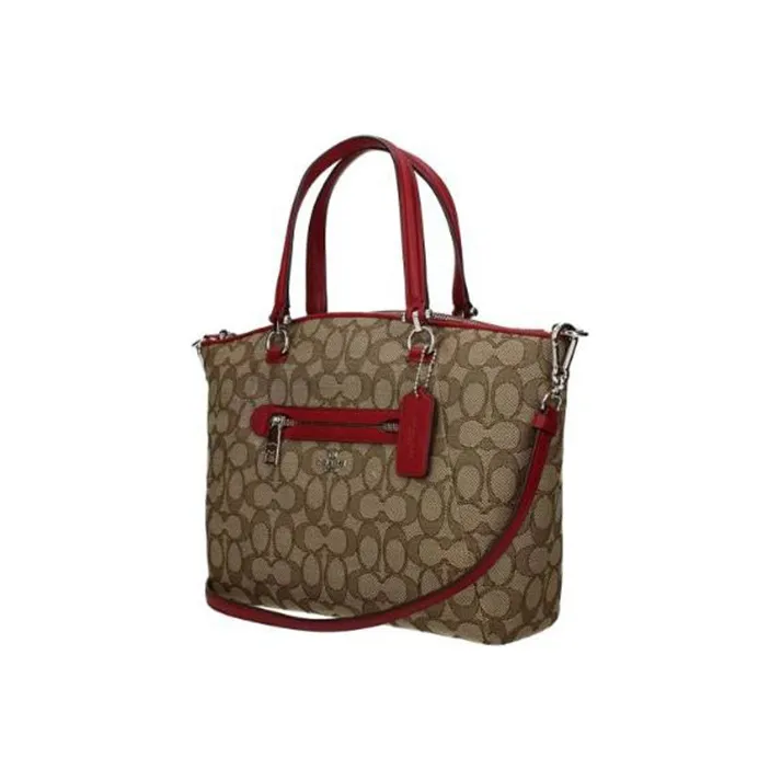 COACH Prairie Canvas With Leather Dumpling Bag, Handbag, Shoulder Bag, Crossbody Bag Tubas Women's Beige/Red-1