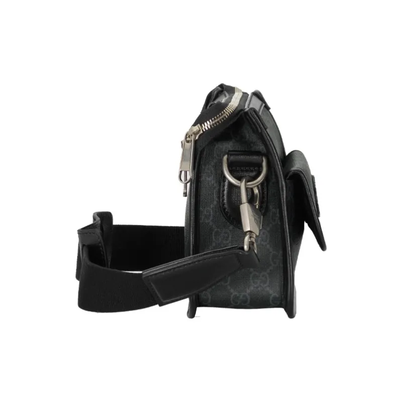 GUCCI GG Retro Series Leather Paneled Canvas Messenger Bag Crossbody Bag Shoulder Bag Men's Black Gray Color-3