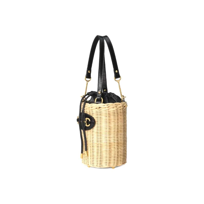 GUCCI Woven Wicker With Leather One Shoulder Handbag, Crossbody Bag Small Size Women's Beige/Black/Gold-1