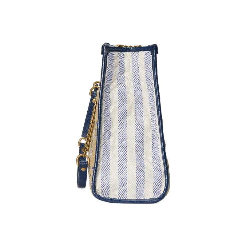 GUCCI Marmont Raffia Grass Patchwork Quilted Leather With Stripes Handbag Shoulder Bag Women's Beige & Blue-3
