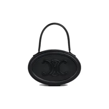 CELINE Cuir Triomphe Smooth Cow Leather Makeup Bags Round Cake Pouch Handbags Women's Black