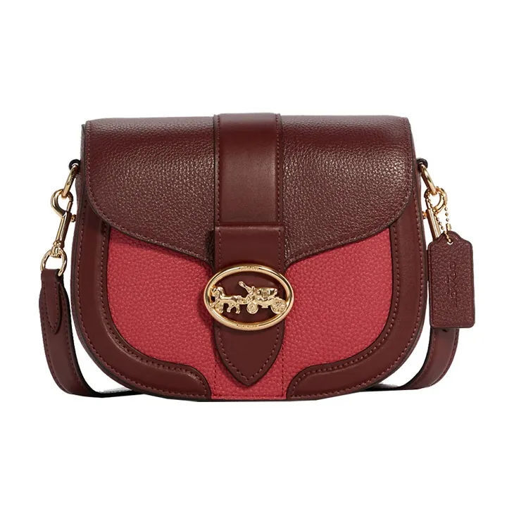 COACH Georgie Leather Bacchus Bag Saddle Bag Shoulder Bag Crossbody Bag Small Size Women's Pink & Red Brown-0
