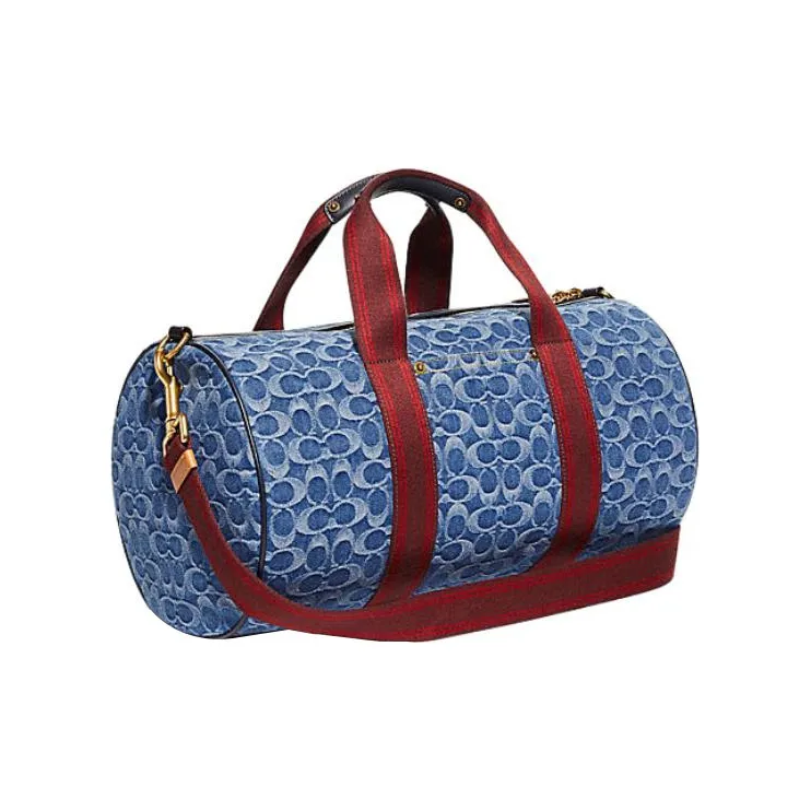 COACH Metropolitan Denim Fabric Canvas With Leather Handbag Crossbody Bag Travel Bag Large Size Unisex Denim & Red-1