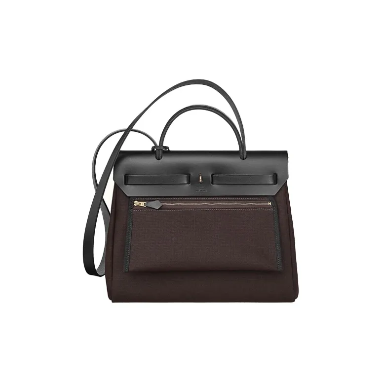 HERMES Herbag Zip Reversible Canvas With Cow Leather Handbag Shoulder Bag Crossbody Bag Unisex Chocolate-2