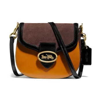 COACH Kat Leather Saddle Bag, Shoulder Bag, Crossbody Bag Small Size Women's Mixed Orange And Yellow Color Blocking