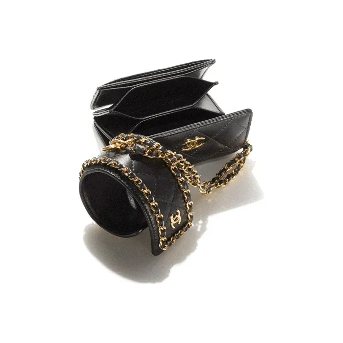 CHANEL Sheepskin And Gold Metal Card Holder Women's Black-2