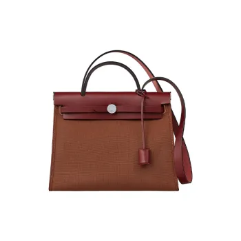 HERMES Herbag Zip Cowhide Patchwork Canvas Handbag Shoulder Bag Crossbody Bag Women's Burgundy/Dark Brown