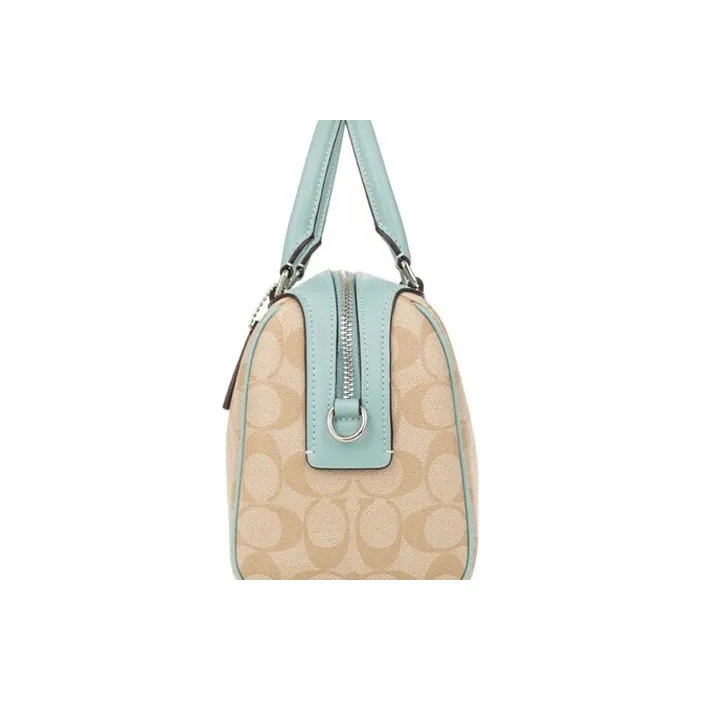 COACH Leather Boston Bag Portable Crossbody Bag Shoulder Bag Small Size Women's Mint Green Khaki Monogram-1