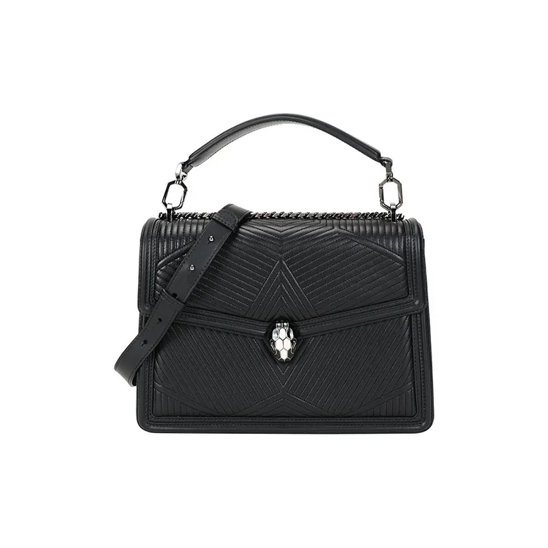BVLGARI Serpenti Diamond Blast Cow Leather One Shoulder Handbags Women's Black-0